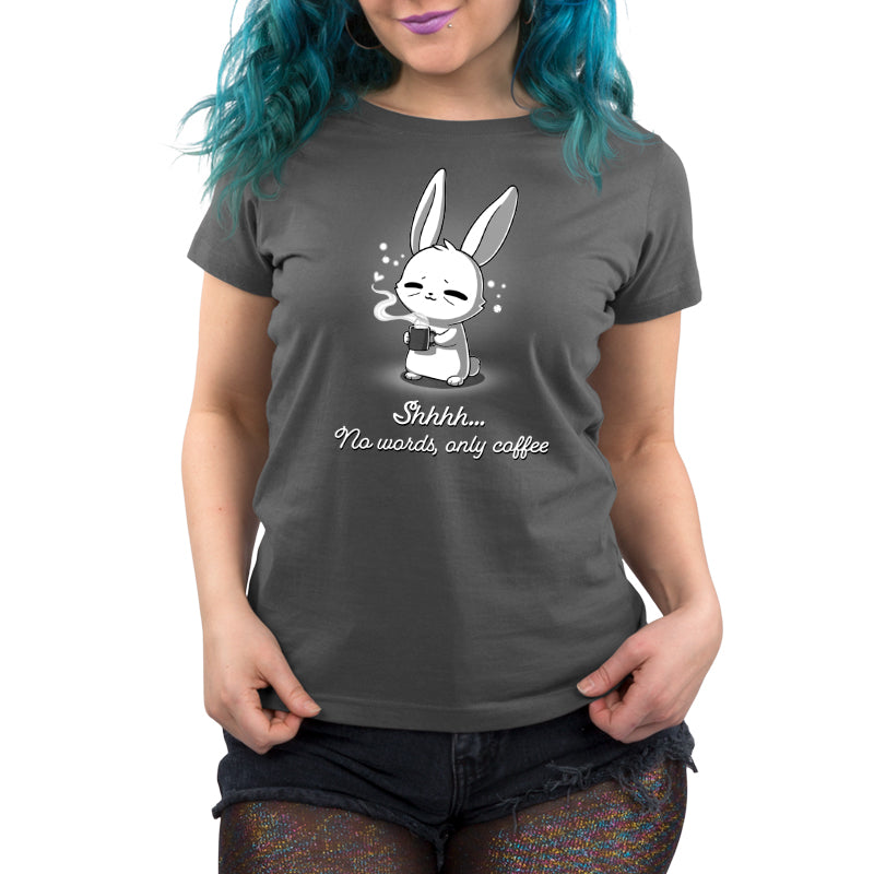 A TeeTurtle No Words, Only Coffee t-shirt featuring a bunny holding a cup of coffee.