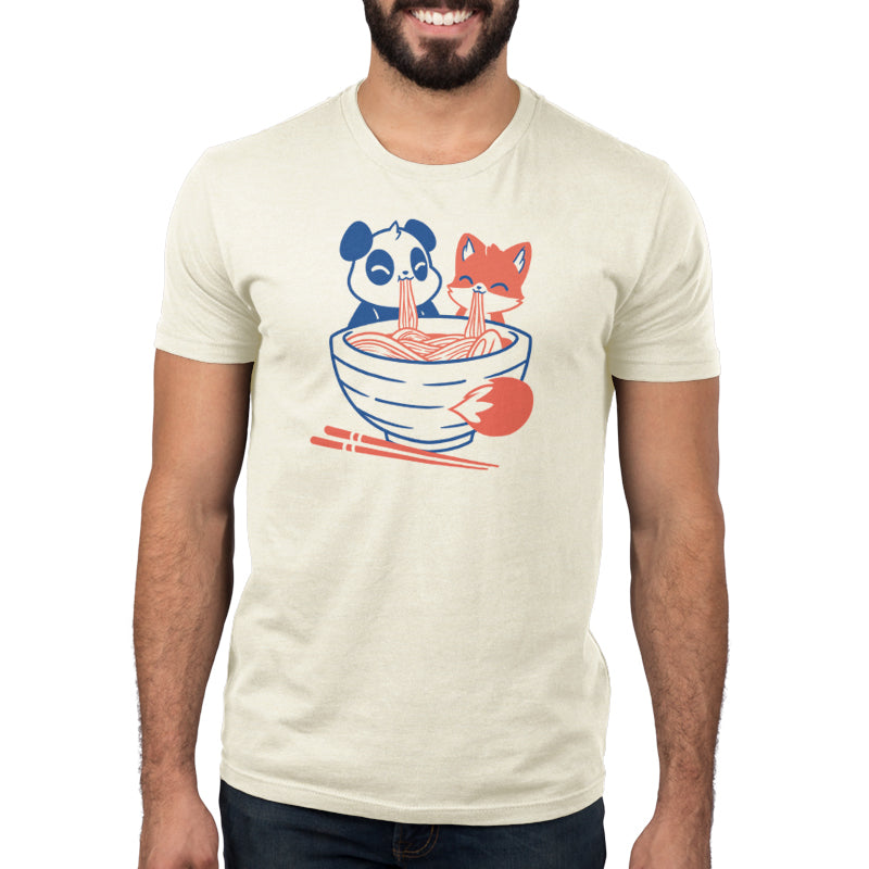 A TeeTurtle original t-shirt featuring Noodles For Two, a man enjoying noodles.