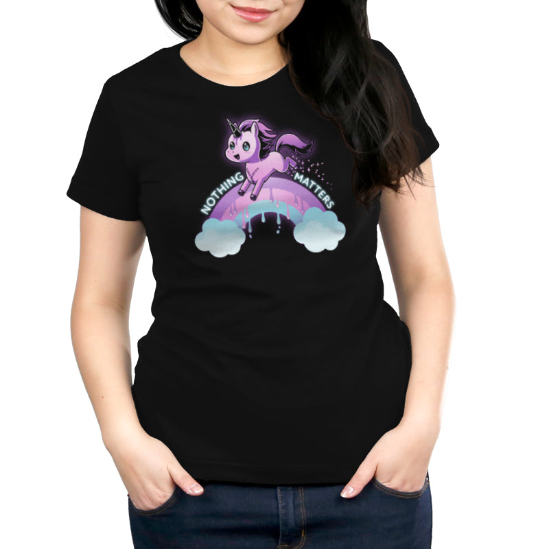 A TeeTurtle Nothing Matters t-shirt featuring a unicorn on a rainbow.