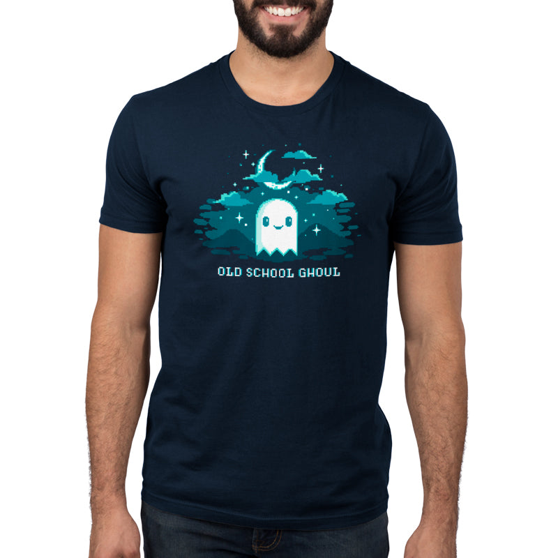 A man wearing an Old School Ghoul black T-shirt from TeeTurtle with ghosts and stars.