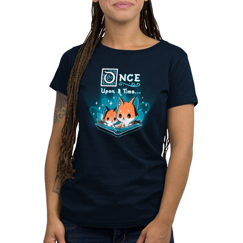 A woman wearing a navy blue Once Upon a Time (Foxes) women's t-shirt by TeeTurtle with a fox design.