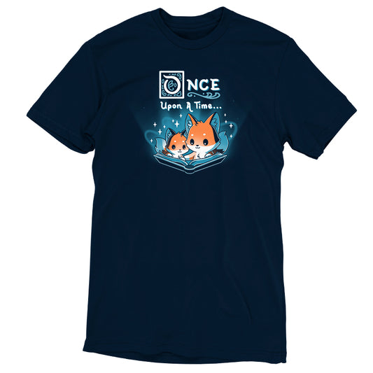 A TeeTurtle Once Upon a Time (Foxes) t-shirt with two foxes reading a book.