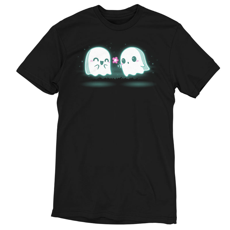 An original One Boo Love black t-shirt with two ghost designs for added comfort from TeeTurtle.
