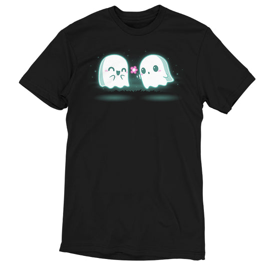 An original One Boo Love black t-shirt with two ghost designs for added comfort from TeeTurtle.