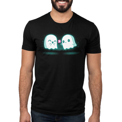 A man wearing a black t-shirt with two ghosts (One Boo Love) on it from TeeTurtle.