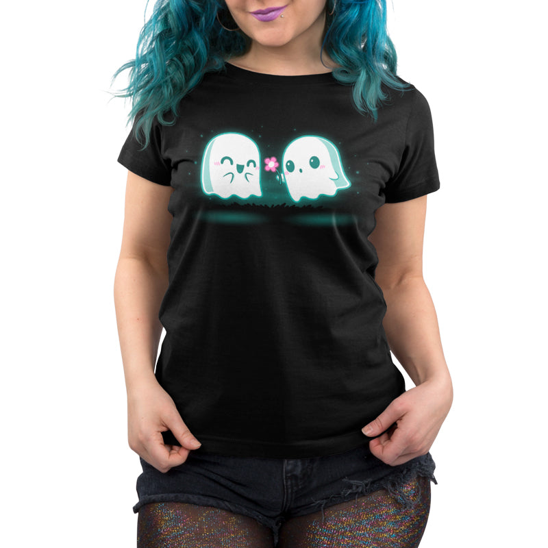A women's black One Boo Love t-shirt by TeeTurtle, with two ghosts on it, perfect to wear with pride.