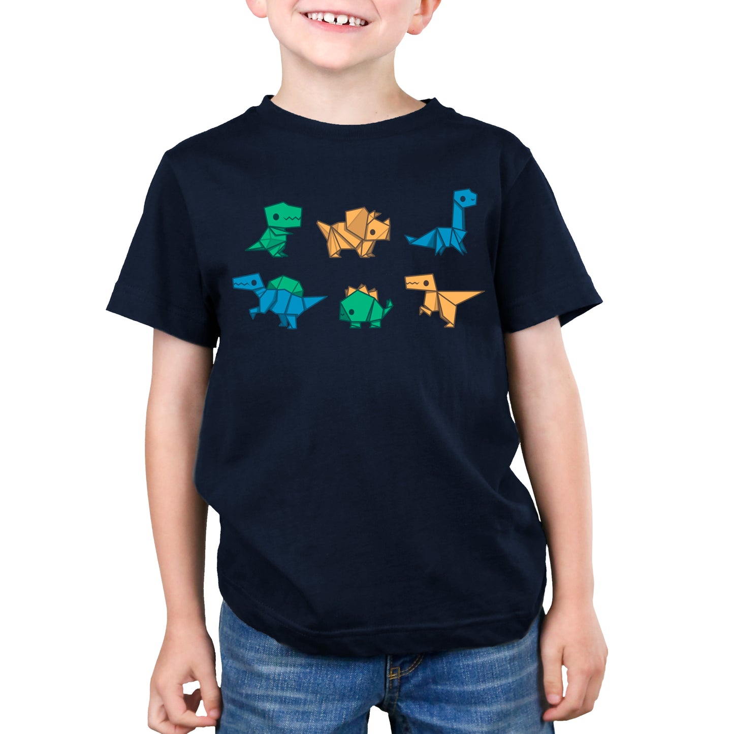 A young boy in a comfortable TeeTurtle T-shirt with colorful Origami Dinos.