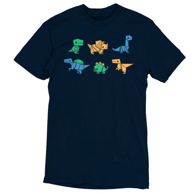 Premium Cotton T-shirt_TeeTurtle navy blue Origami Dinos featuring a collection of origami dinosaurs in different colors.