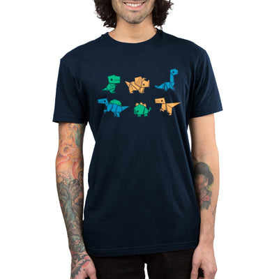 Premium Cotton T-shirt_TeeTurtle navy blue Origami Dinos featuring a collection of origami dinosaurs in different colors.