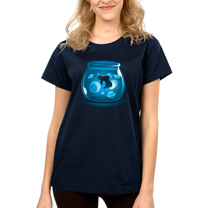 A women's Space Betta T-shirt with a swimming fish in a bowl from TeeTurtle.