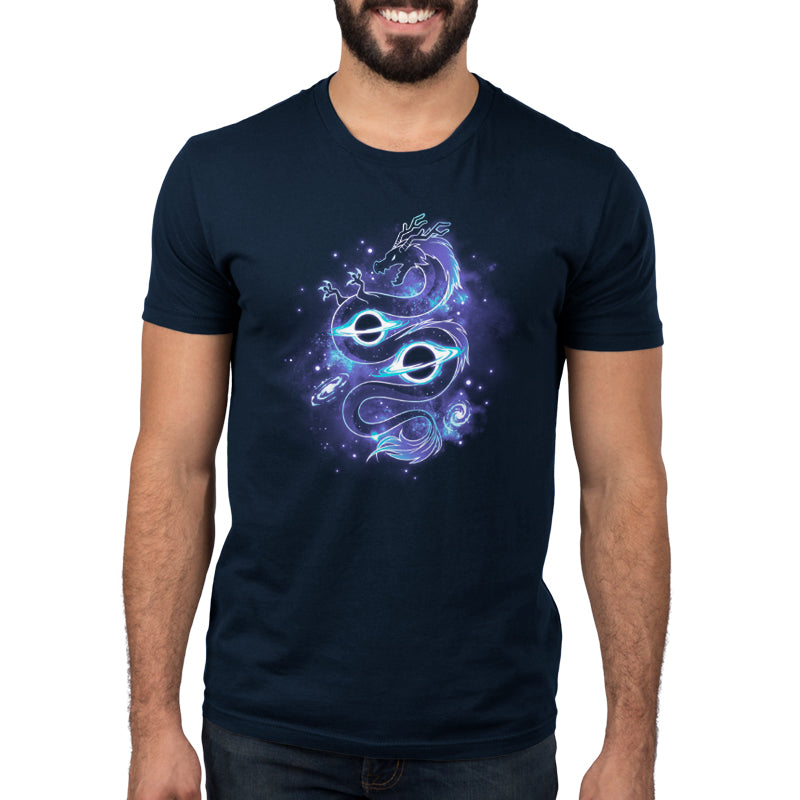 A man wearing a blue T-shirt with an image of a star made from the Outer Space Dragon by TeeTurtle.