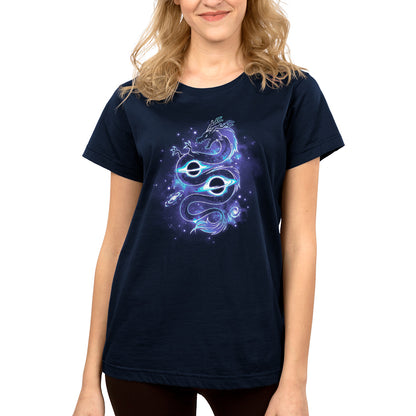 A women's Outer Space Dragon T-shirt featuring an image of a starry sky made with serene colors and crafted with luxurious Ringspun Cotton by TeeTurtle.