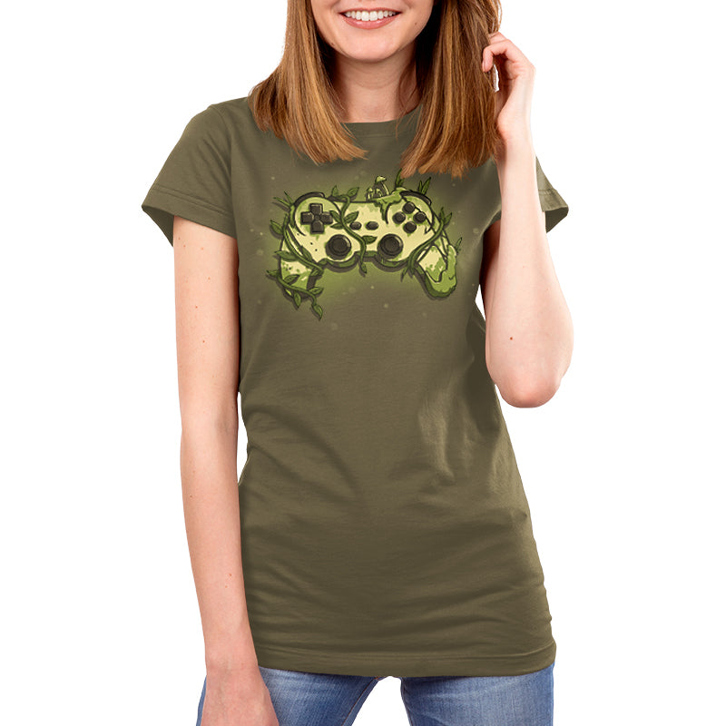 A military green t-shirt featuring the TeeTurtle Overgrown Controller.