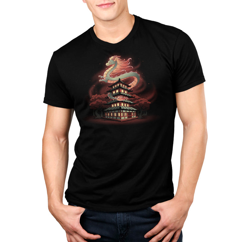 A man wearing a comfortable Pagoda Dragon ringspun cotton black T-shirt by TeeTurtle.