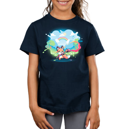 A girl wearing a Navy Blue T-shirt with an image of a fox and rainbows from Teeturtle's Paint Your Own World.