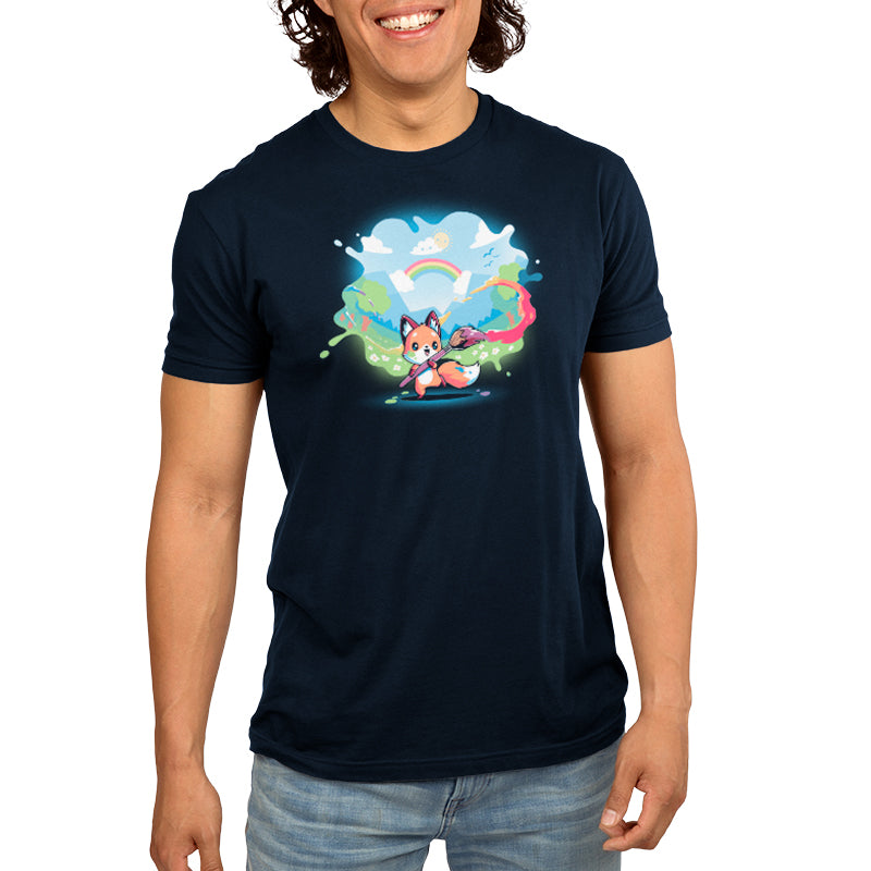 A man wearing a navy blue t-shirt with the Teeturtle brand's Paint Your Own World cartoon character on it.