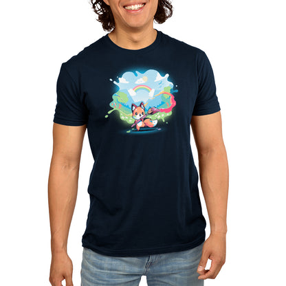 A man wearing a navy blue t-shirt with the Teeturtle brand's Paint Your Own World cartoon character on it.