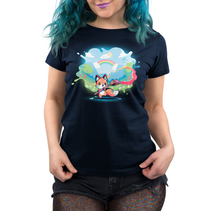 A navy blue women's t-shirt with an image of a fox and rainbows from the brand Teeturtle called "Paint Your Own World".