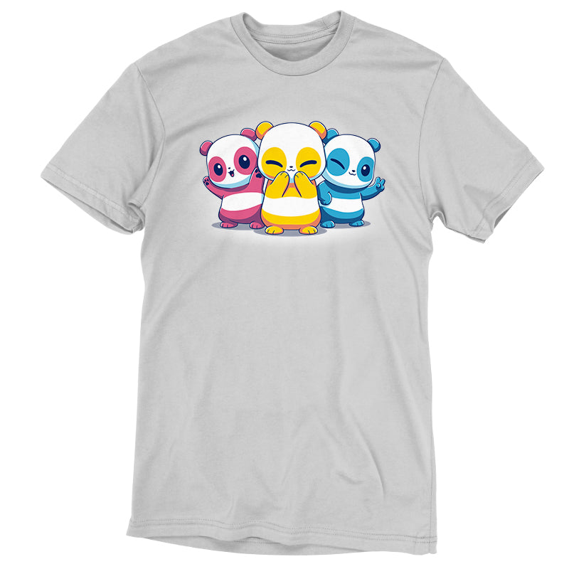 Three Pan Pride Pandas on a TeeTurtle white t-shirt.