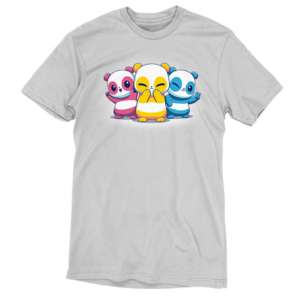Three Pan Pride Pandas on a TeeTurtle white t-shirt.