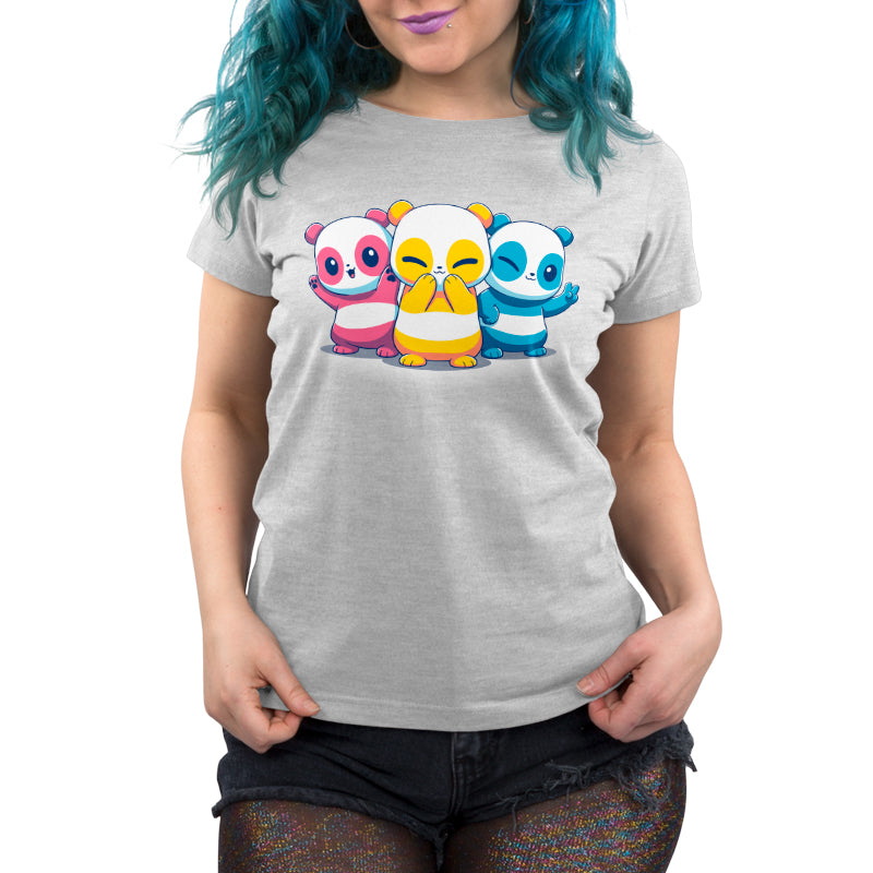A TeeTurtle Pan Pride Pandas women's t-shirt featuring three panda bears.