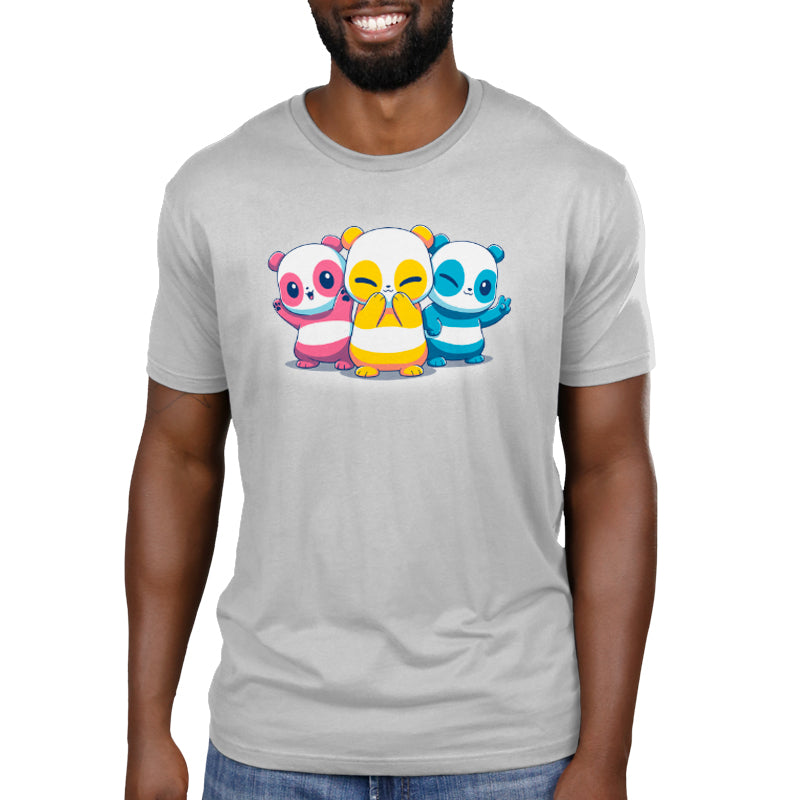 A man wearing a TeeTurtle t-shirt with three Pan Pride Pandas on it.