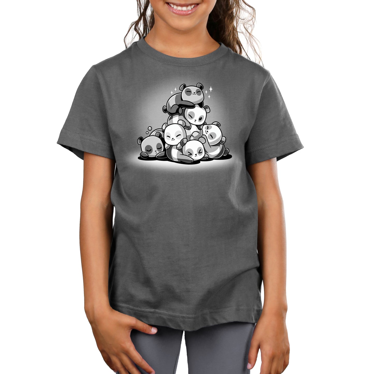 A TeeTurtle Panda Pile t-shirt worn by a girl.