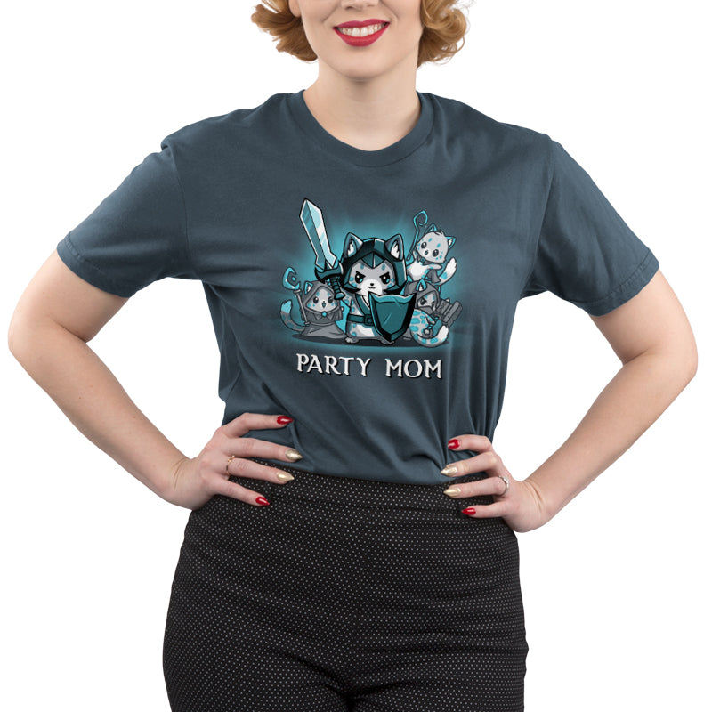 A woman wearing a denim blue t-shirt from TeeTurtle that says Party Mom.