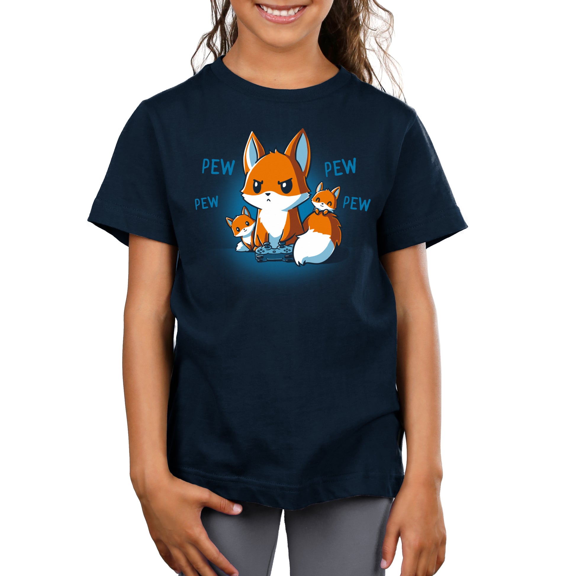 A child wearing a monsterdigital Pew Pew Parent original navy blue t-shirt, crafted from super soft ringspun cotton, featuring an illustration of a fox and three smaller foxes with the text "Pew Pew Pew" around them.