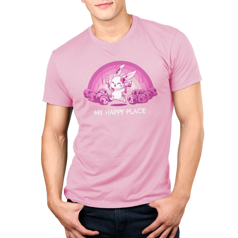 A man wearing a Pink Rainbows & Skulls T-Shirt with the phrase "My Happy Peace, made by TeeTurtle.