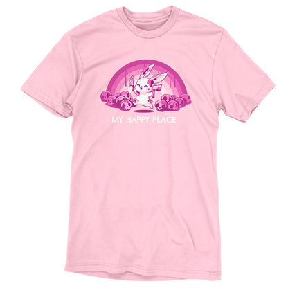 A Pink Rainbows & Skulls t-shirt with an image of a unicorn and a rainbow, by TeeTurtle.