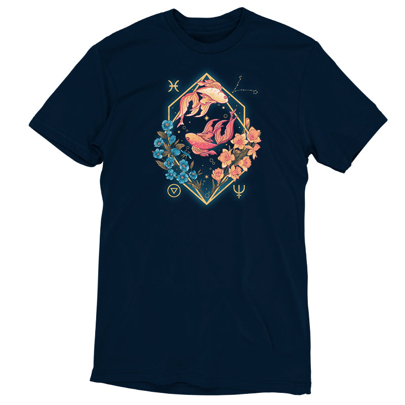 A navy blue Pisces Zodiac t-shirt with a skull and flowers on it, by TeeTurtle.