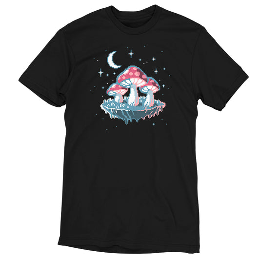 A TeeTurtle Pixel Mushrooms black t-shirt featuring a pixel art mushroom and moon design.