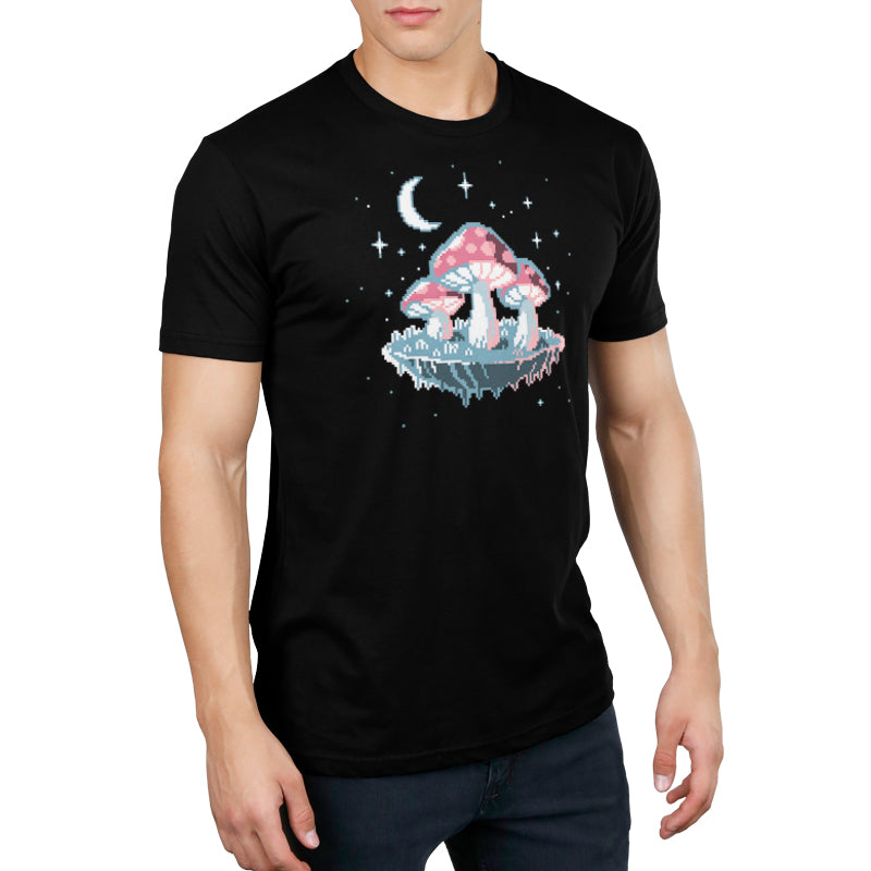 A man wearing a TeeTurtle t-shirt with a Pixel Mushrooms design.