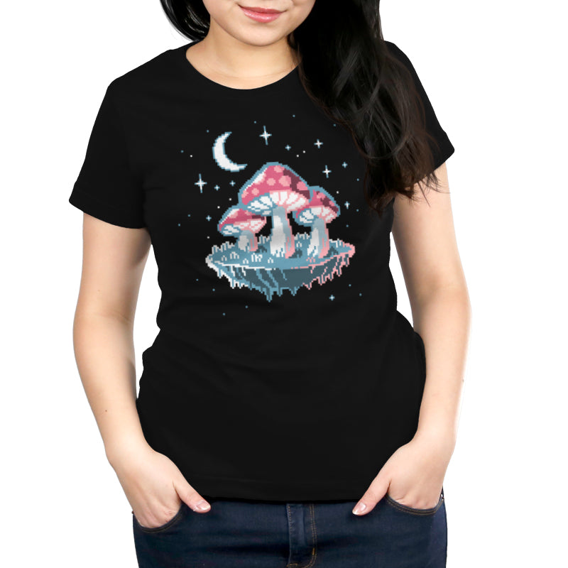 A women's black t-shirt with the pixel art of a mushroom on the moon, called Pixel Mushrooms by TeeTurtle.