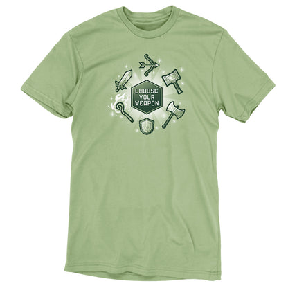 A green Pixelated Weaponry t-shirt customized with an image of a hammer and a chisel, from the brand TeeTurtle.