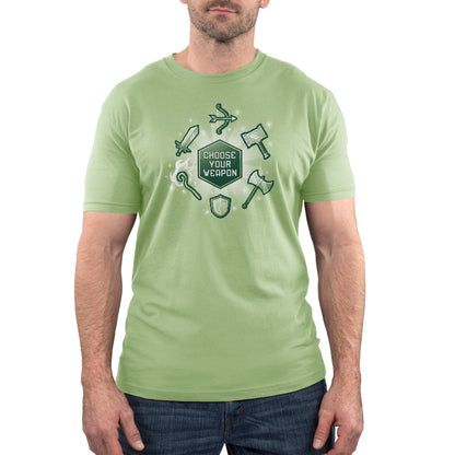 A man wearing a green t-shirt customized with Pixelated Weaponry tools made by TeeTurtle.