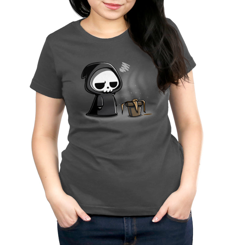 A woman wearing a TeeTurtle cotton T-shirt with a cartoon character on it.