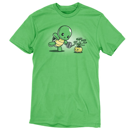 An apple green TeeTurtle t-shirt featuring a Turtle expertly Plant Parenting.