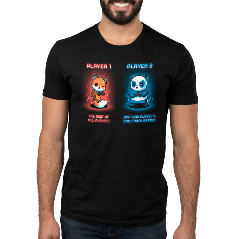 Player 1 and Player 2 design on a black t-shirt from TeeTurtle.