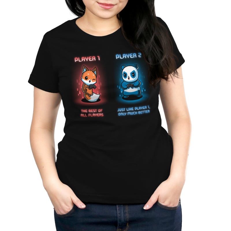 A TeeTurtle women's t-shirt featuring an image of Player 1 and Player 2.