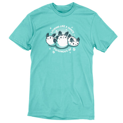 Premium Cotton T-shirt - Caribbean blue apparel featuring a graphic of three cute, chubby puffers and the text "Looking like a snack, poisonous AF." Product Name: Poisonous AF by monsterdigital.