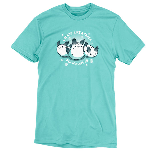 Caribbean blue T-shirt featuring a graphic of three cute, chubby puffers and the text 
