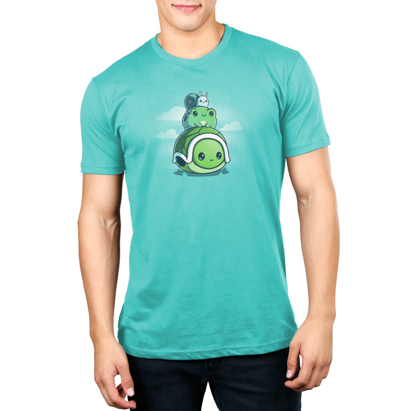 A man wearing a TeeTurtle Pond Pals t-shirt with an angry bird on it made of soft ringspun cotton.