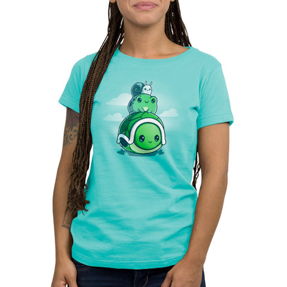 A Pond Pals Caribbean blue women's t-shirt with a turtle on it from TeeTurtle.