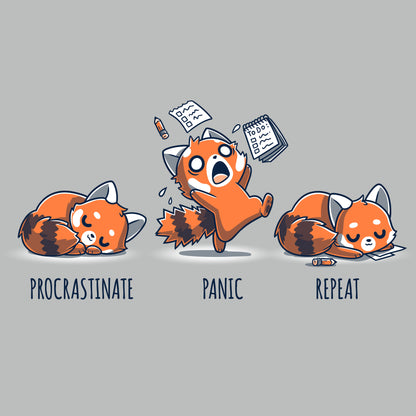 A TeeTurtle t-shirt featuring the phrase "Procrastinate. Panic. Repeat.
