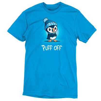 A TeeTurtle "Puff Off" blue t-shirt with a penguin puffin design.