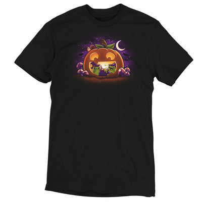 Premium Cotton T-shirt_TeeTurtle Pumpkin Frog Witches black t-shirt featuring two frogs wearing witch hats brewing a cauldron of potion inside of a happy Halloween jack-o-lantern.