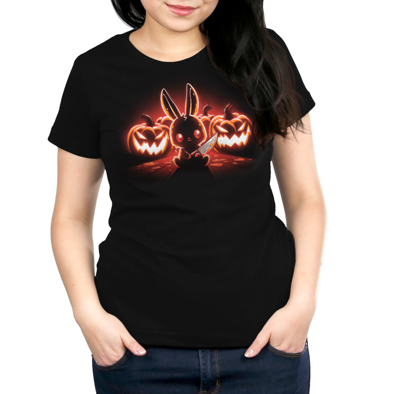 A TeeTurtle women's black t-shirt with an image of a bunny and Pumpkin Murderer.