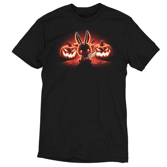 A black Pumpkin Murderer t-shirt with an image of a bunny and pumpkins fitting for the spooky spirit by TeeTurtle.